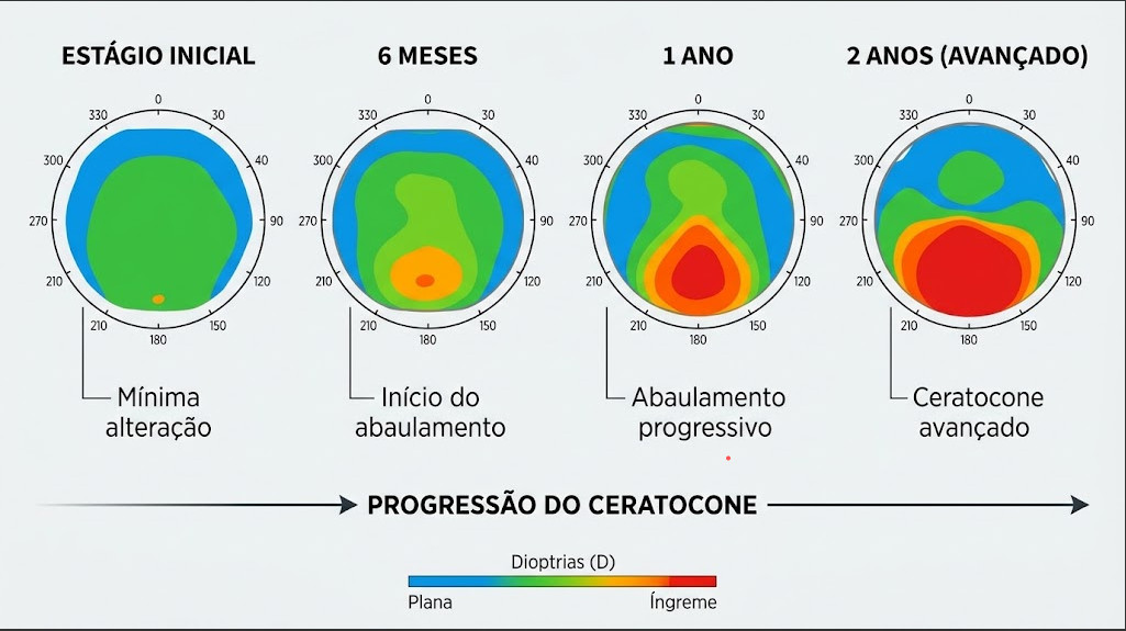 Ilustração/imagem de topografia de córnea. Alt: "Ceratocone — alteração progressiva da forma da córnea"