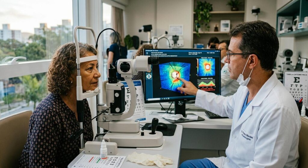 Exame oftalmológico com tonômetro OU tomografia de nervo óptico. Alt: "Glaucoma — doença silenciosa que compromete o nervo óptico"