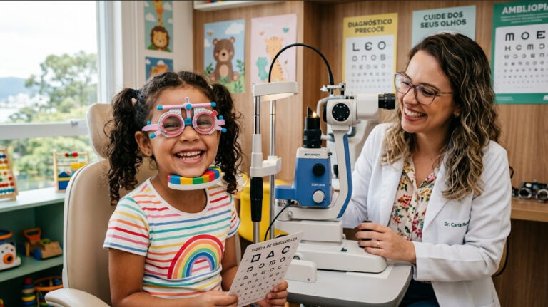 Imagem destacada: Criança em exame oftalmológico sorrindo. Alt: "Ambliopia — diagnóstico oftalmológico infantil precoce"