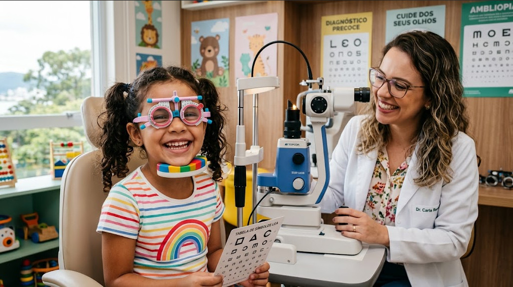 Imagem destacada: Criança em exame oftalmológico sorrindo. Alt: "Ambliopia — diagnóstico oftalmológico infantil precoce"