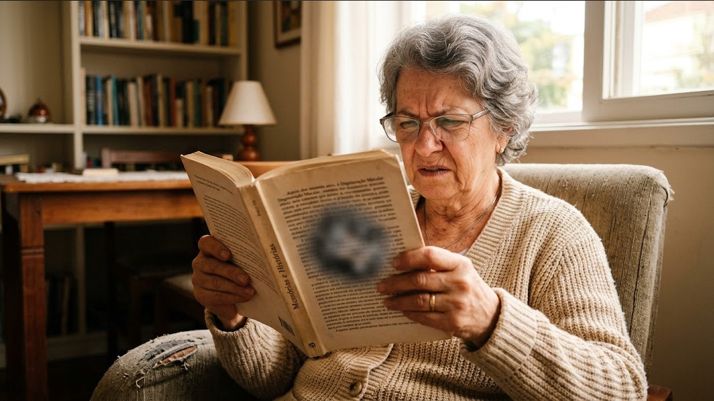 Imagem destacada: Pessoa idosa lendo, com dificuldade visível de foco central. Alt: "DMRI — degeneração macular afeta a visão central após os 60 anos"