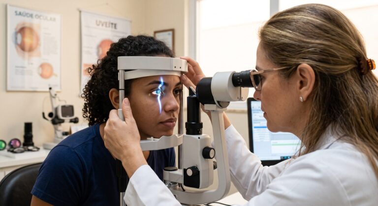 Imagem destacada: Exame de lâmpada de fenda. Alt: "Uveíte — inflamação intraocular que exige investigação especializada"