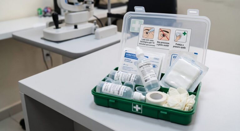 Imagem destacada: Kit de primeiros socorros ou frasco de soro fisiológico. Alt: "Trauma ocular — primeiros socorros e conduta correta"